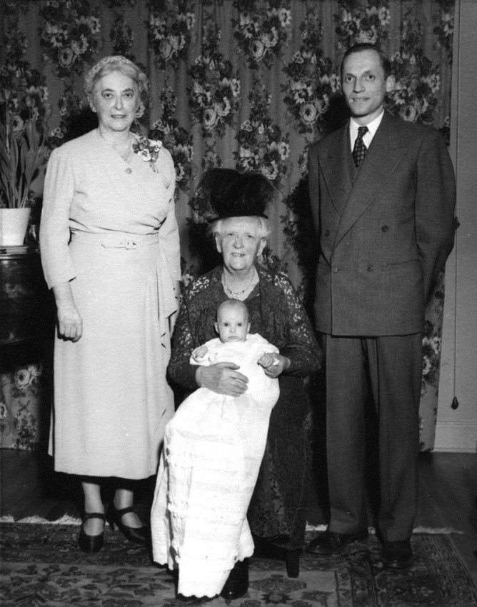 Four generations of LeDain/Wornell family, taken 1950 Top left is Irene Wornell nee LeDain, middle is her mother LeDain with me on her lap, and my father, Lloyd Wornell is standing on the right.